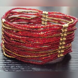 Beautiful Wrap Cuff Bracelet Gold Red Clear Seed Beads 1 1/2" Wide Stretch Boho